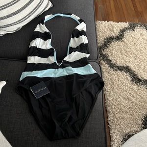 New with tag Burberry one piece. Black and white plunging neckline